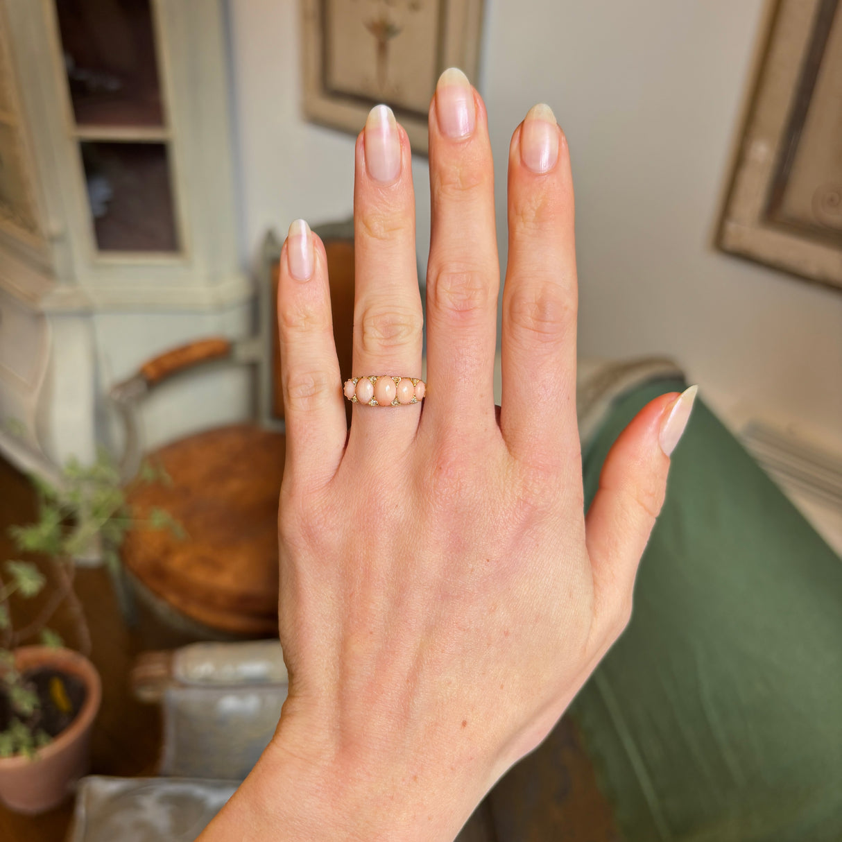 Antique, Victorian coral & diamond half-hoop ring