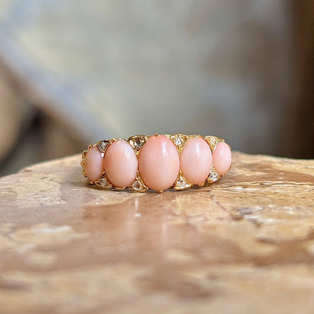 Antique, Victorian coral & diamond half-hoop ring