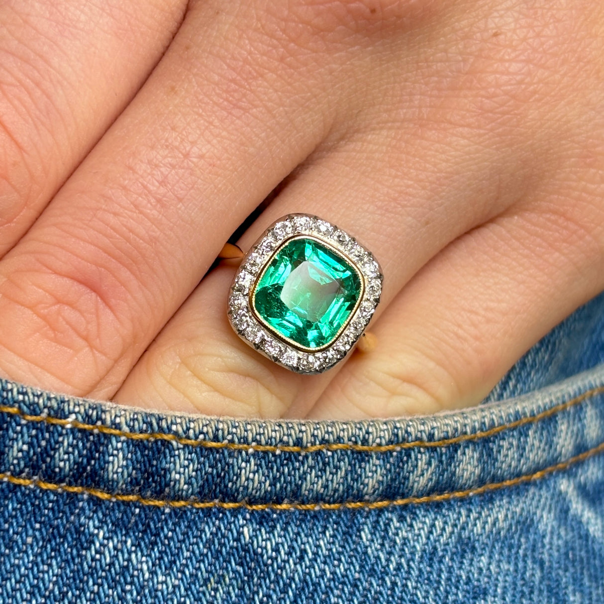 Antique, Victorian emerald and diamond cluster ring