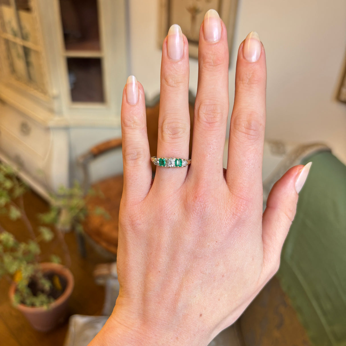 Antique, Edwardian diamond and emerald five-stone ring