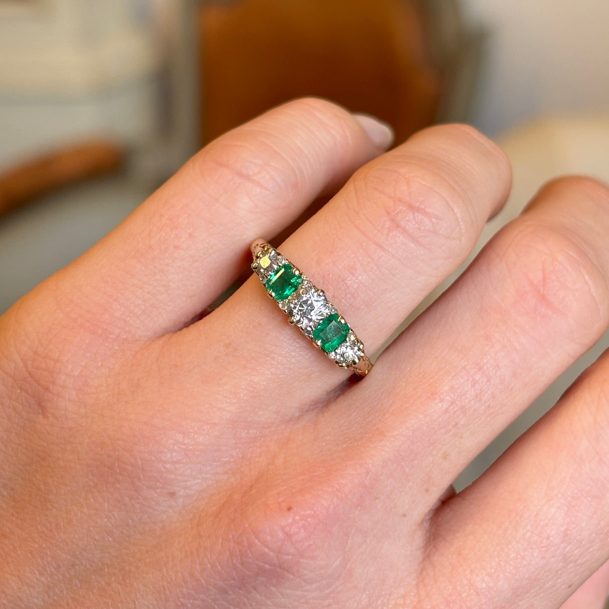 Antique, Edwardian diamond and emerald five-stone ring