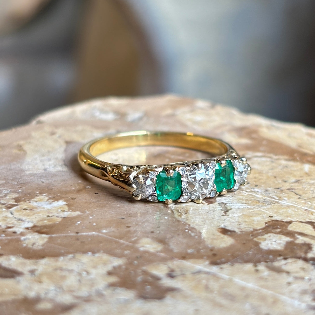 Antique, Edwardian diamond and emerald five-stone ring