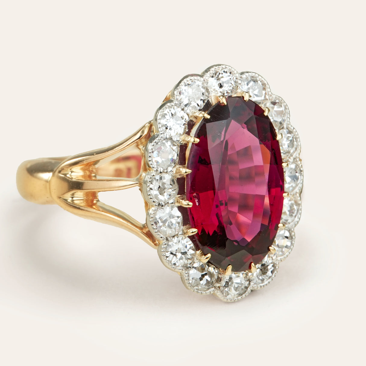 Antique, Edwardian red spinel and diamond engagement cluster ring