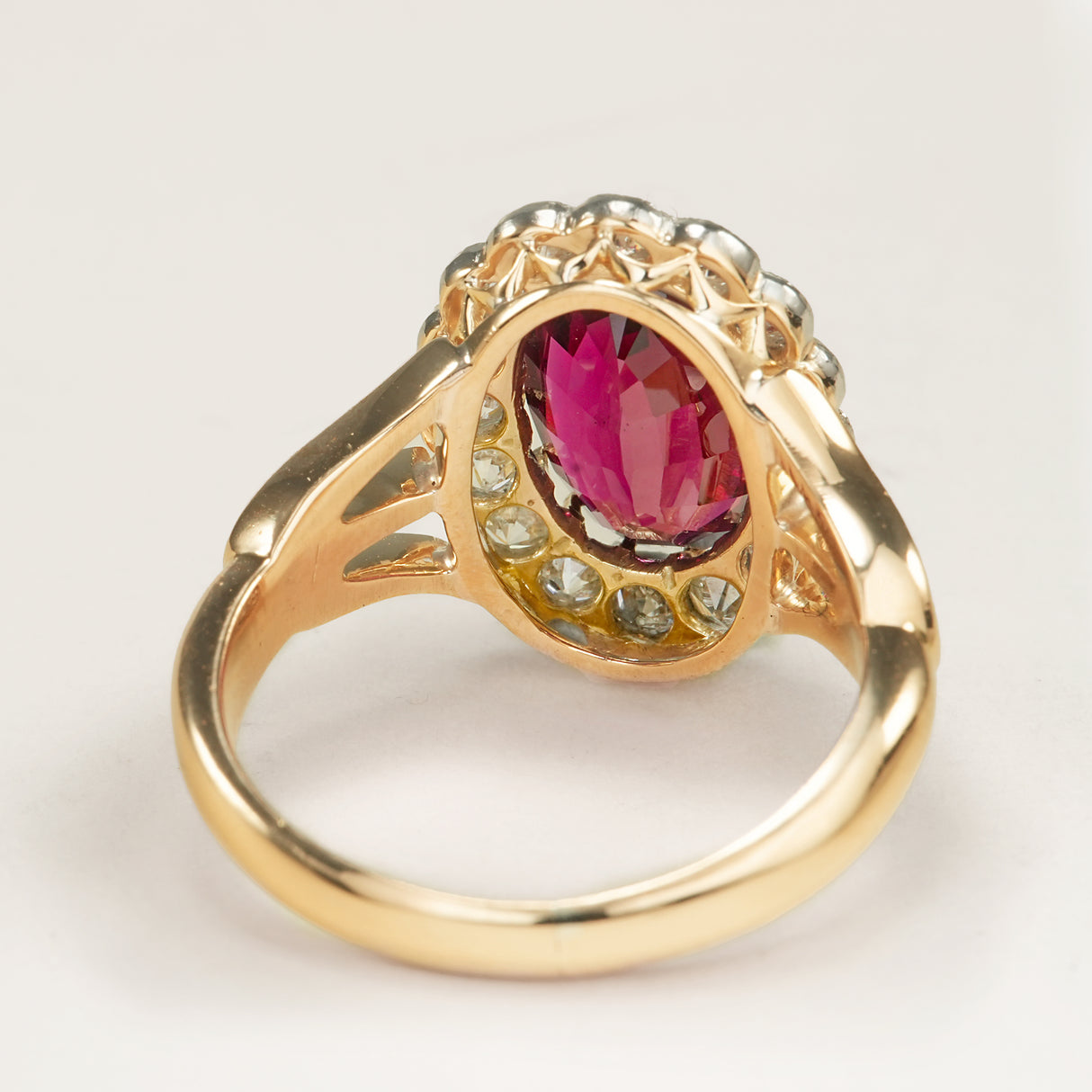Antique, Edwardian red spinel and diamond engagement cluster ring