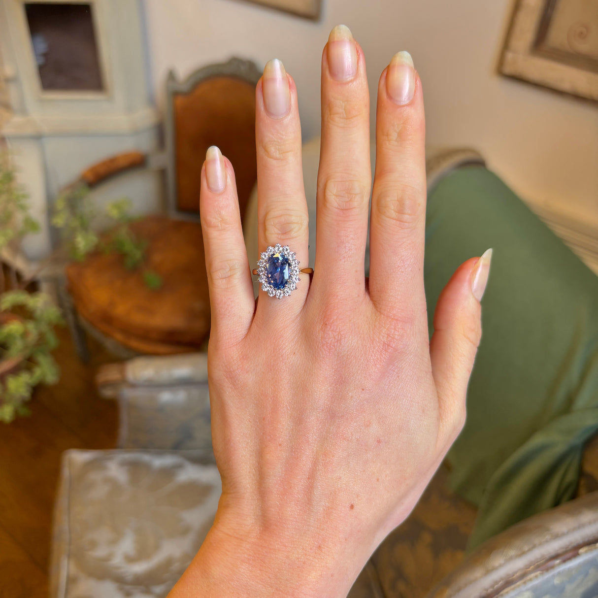 Vintage, Sri Lankan 5ct sapphire and diamond cluster engagement ring