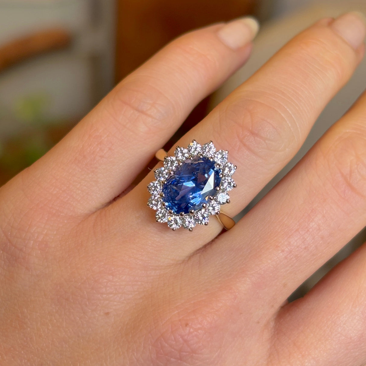 Vintage, Sri Lankan 5ct sapphire and diamond cluster engagement ring