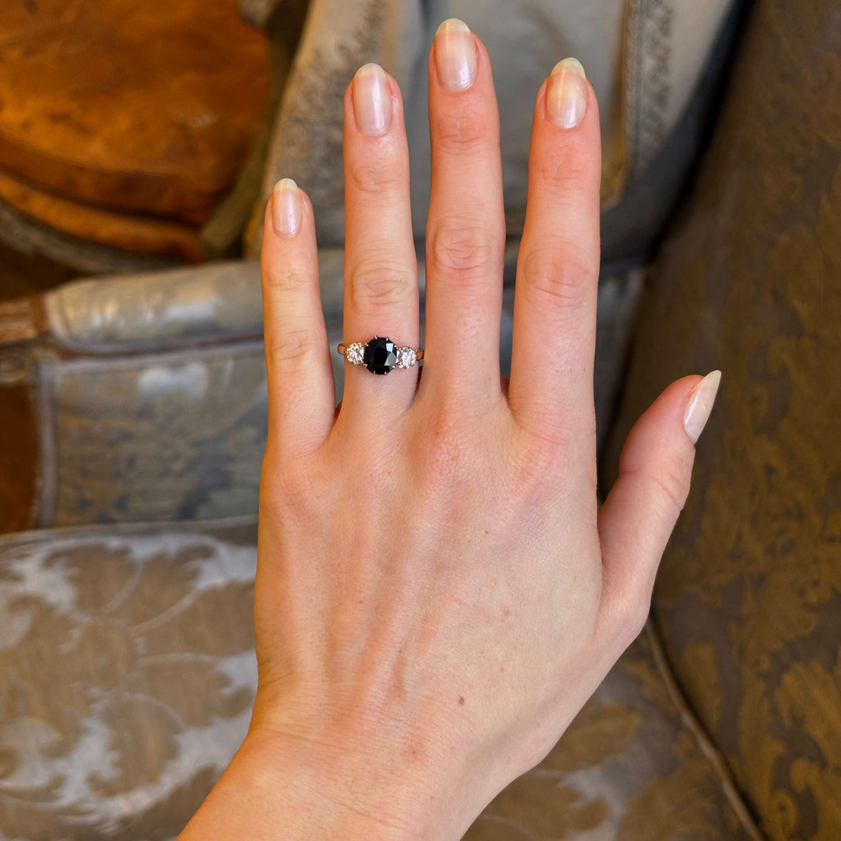 Vintage, 1950s dark blue sapphire and diamond three-stone engagement ring