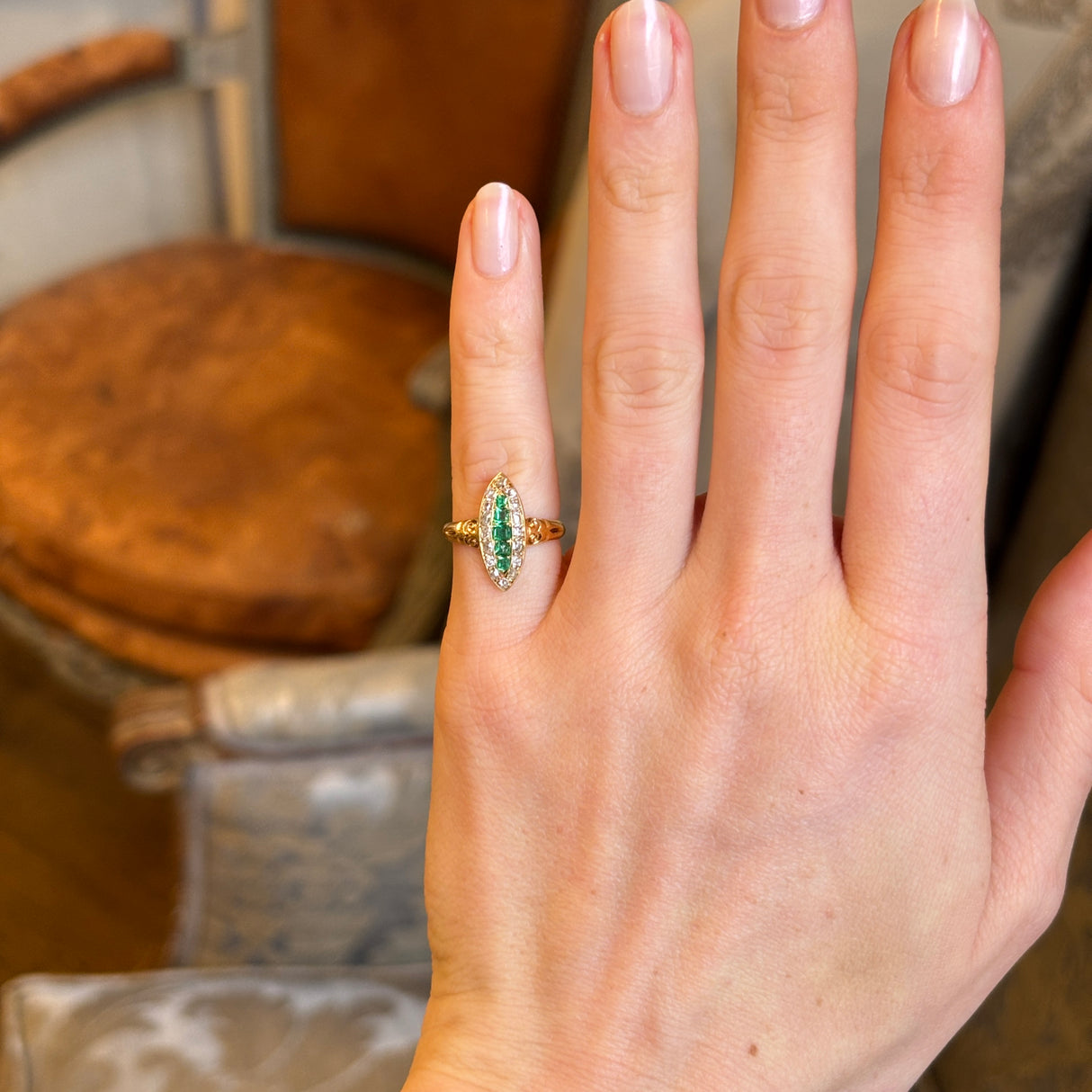 Antique, Victorian emerald and diamond navette cluster ring
