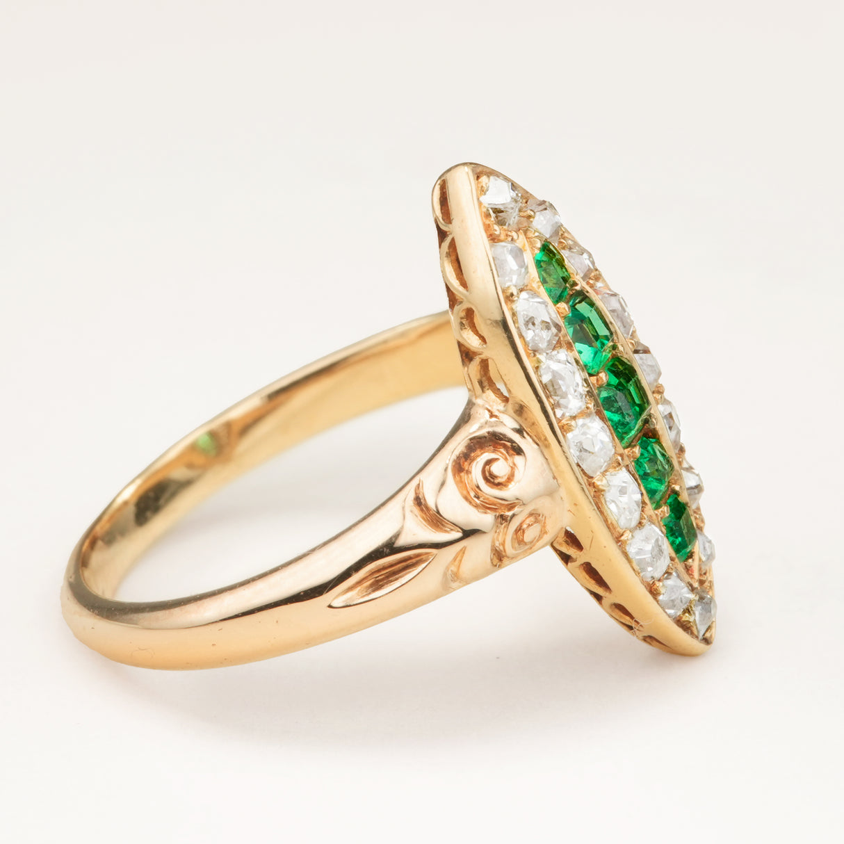 Antique, Victorian emerald and diamond navette cluster ring