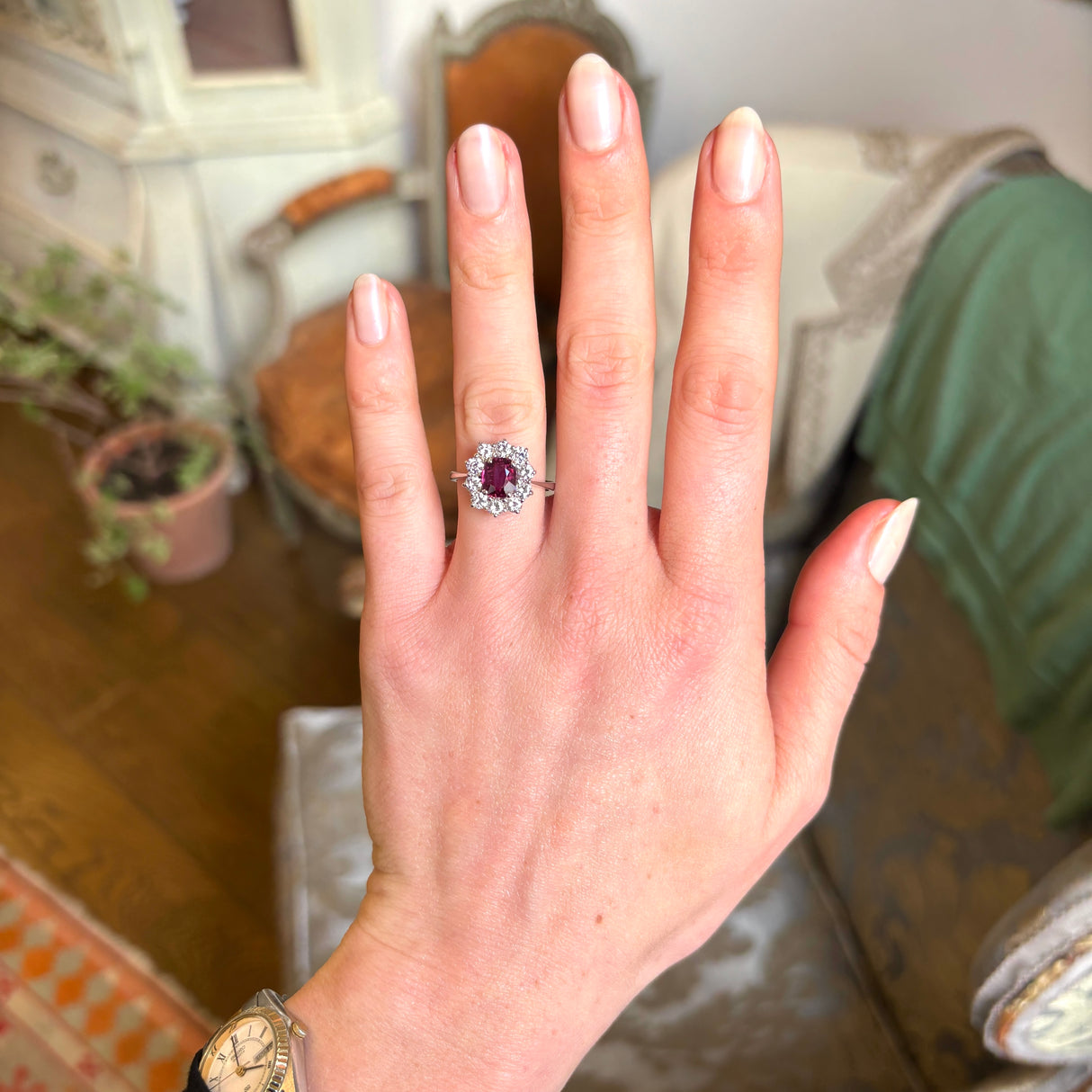 Vintage, French 1960's ruby and diamond cluster ring