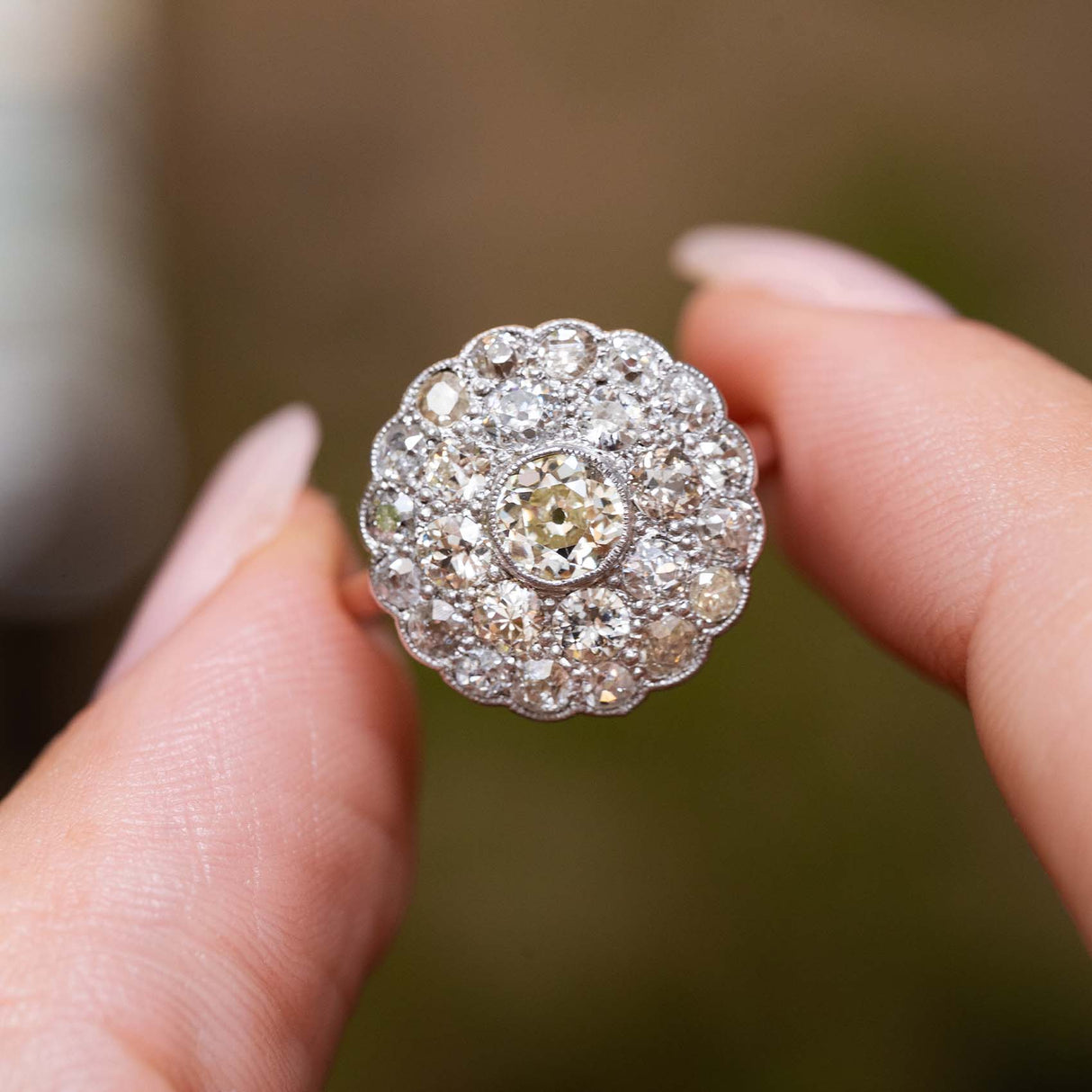 Antique Edwardian, subtly tinted old-cut diamond cluster ring