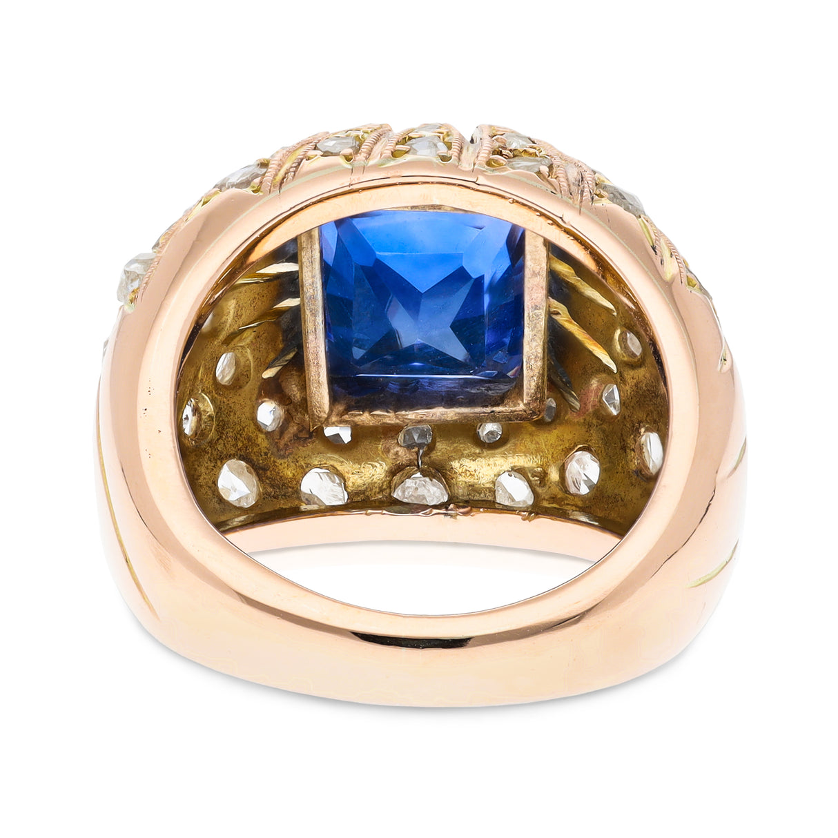Vintage ceylon sapphire and diamond ring, rear view.