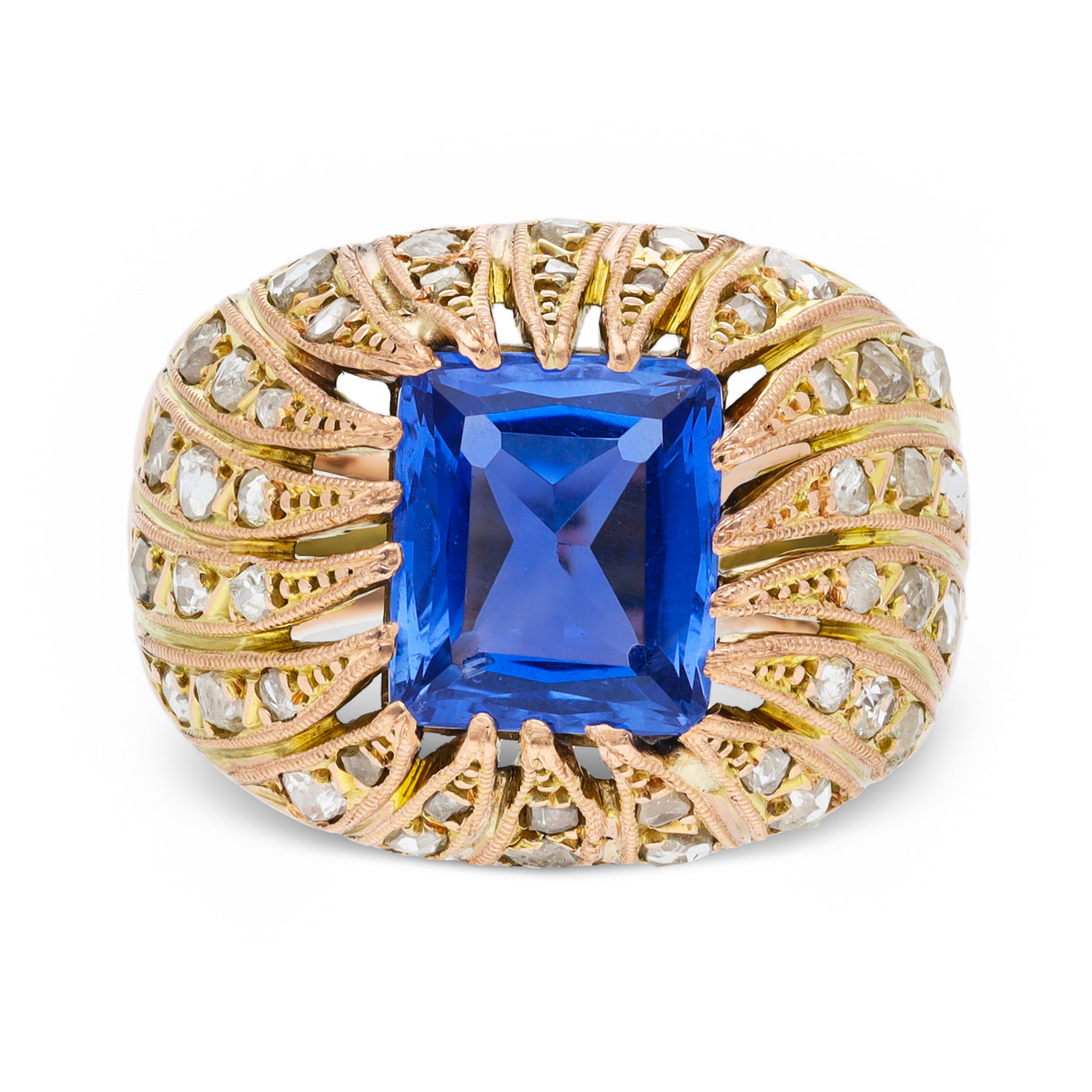 Vintage ceylon sapphire and diamond ring, front view.
