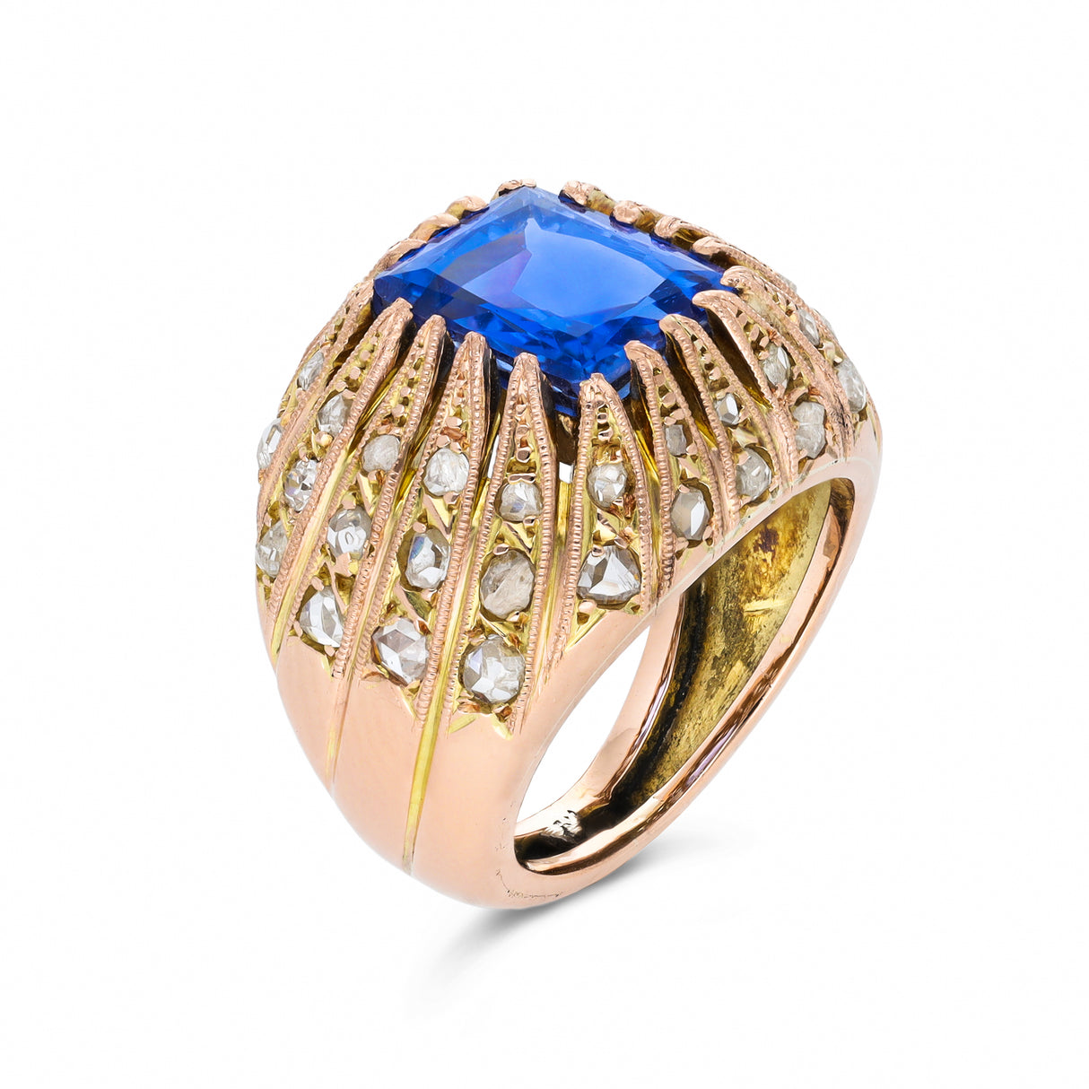 Vintage ceylon sapphire and diamond ring, side view.