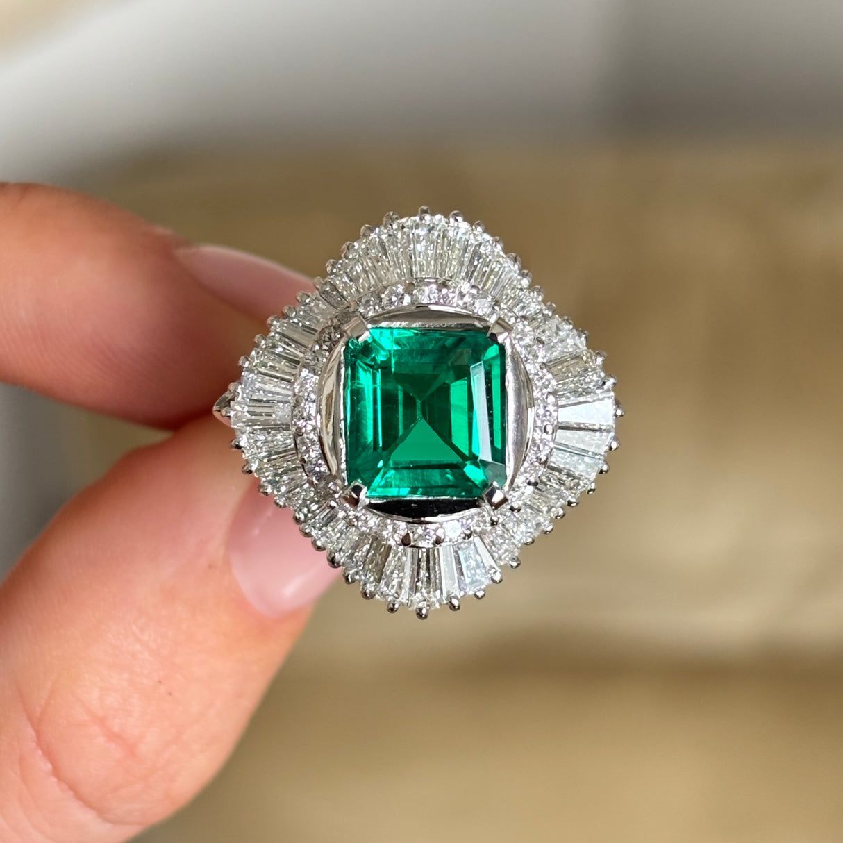 Vintage, 1950s synthetic emerald ballerina cluster cocktail ring