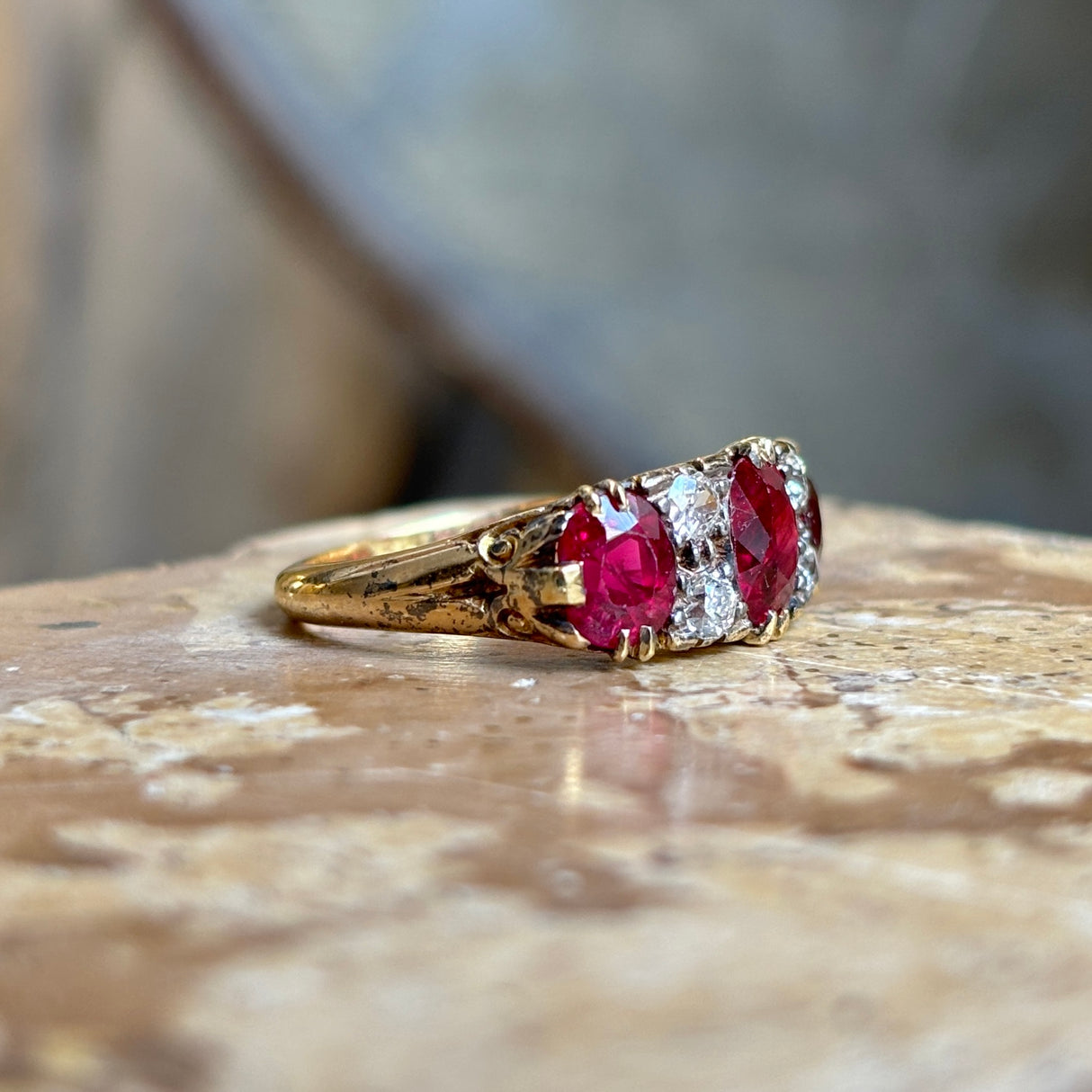 Victorian, unheated ruby & diamond three-stone ring