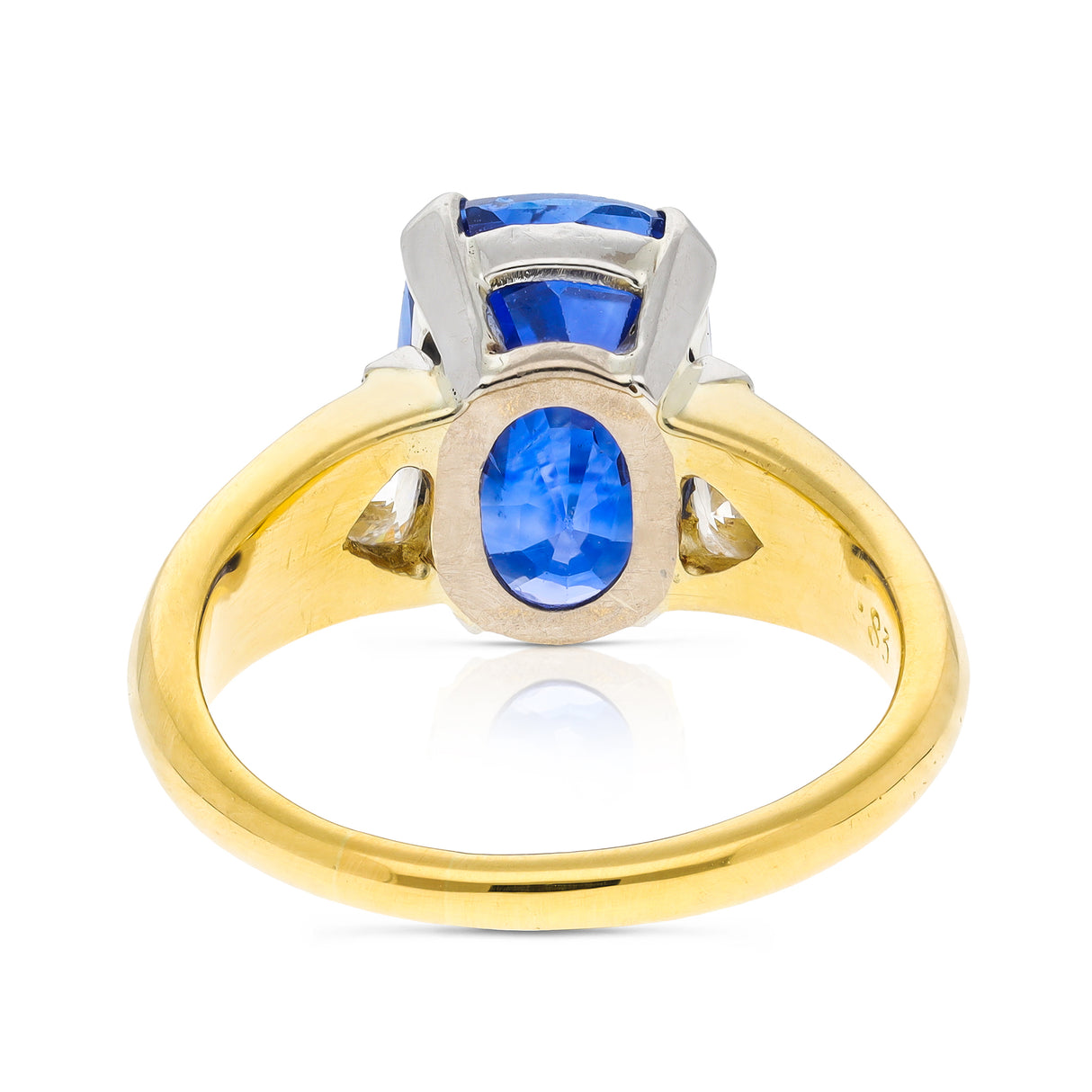 Sapphire and diamond engagement ring, rear view.