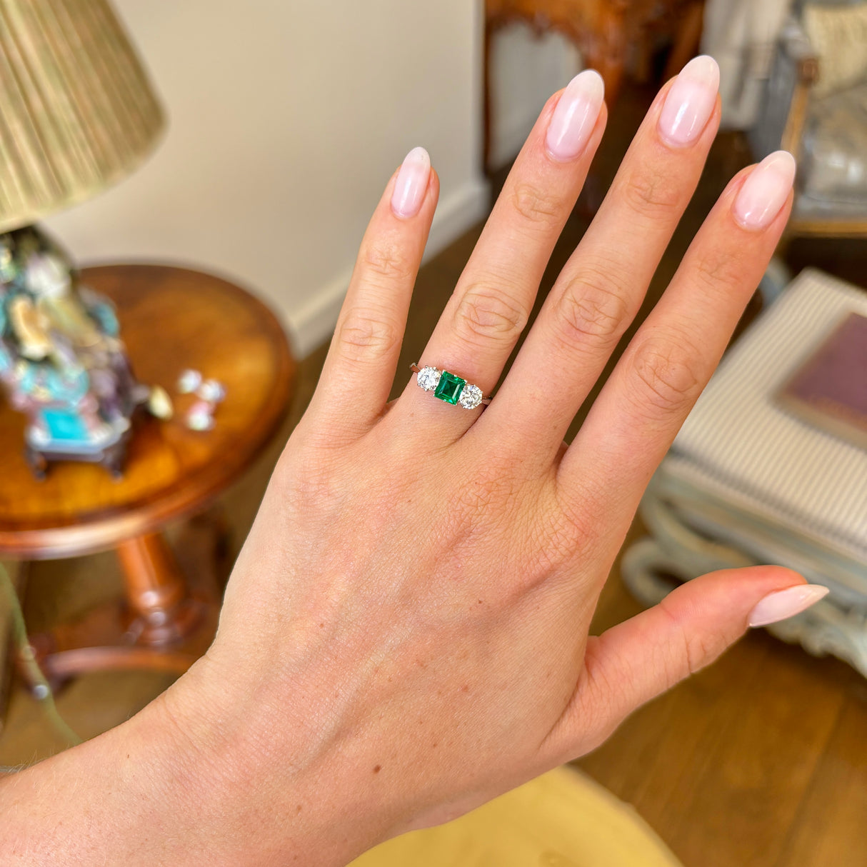 Art Deco, emerald & diamond three-stone ring