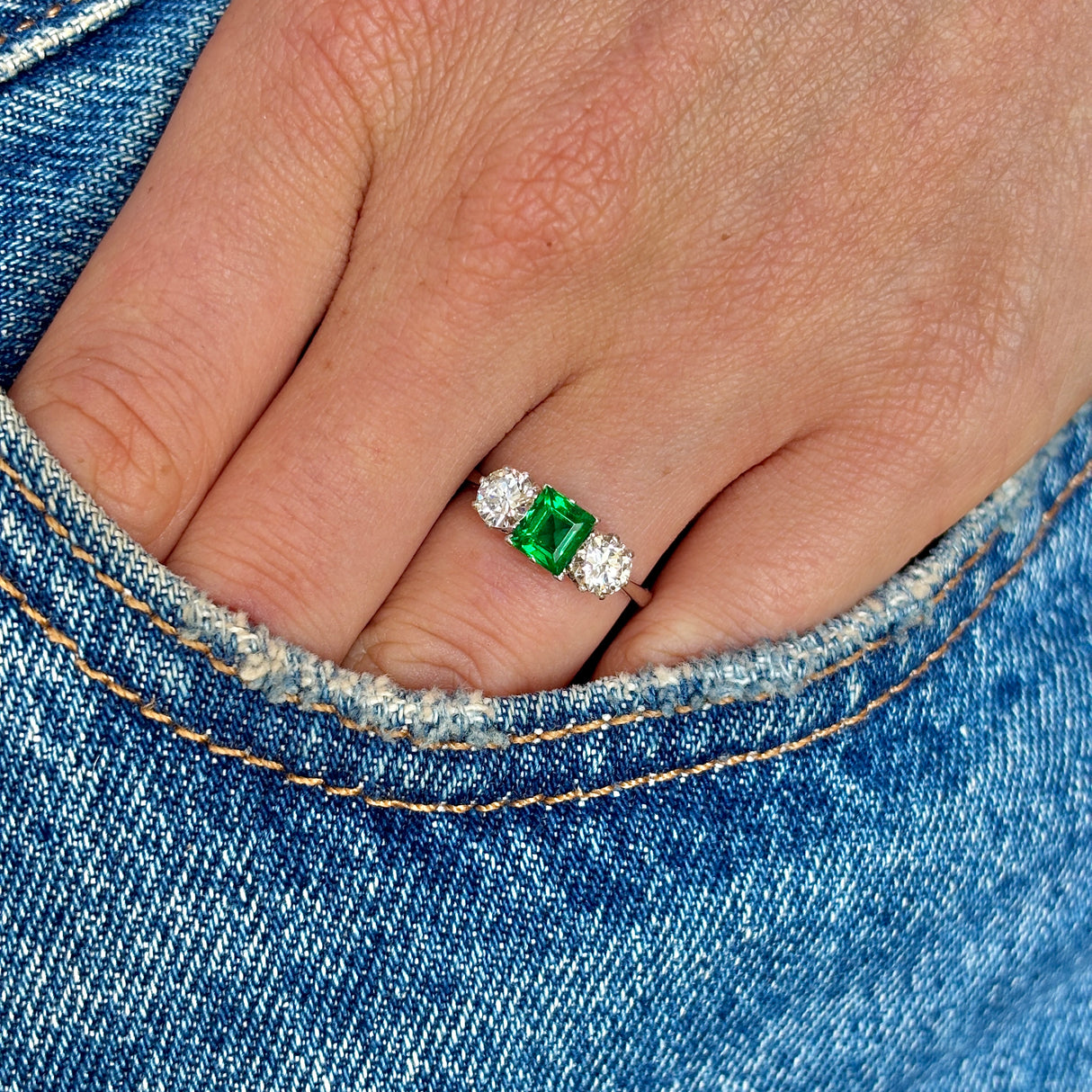 Art Deco, emerald & diamond three-stone ring