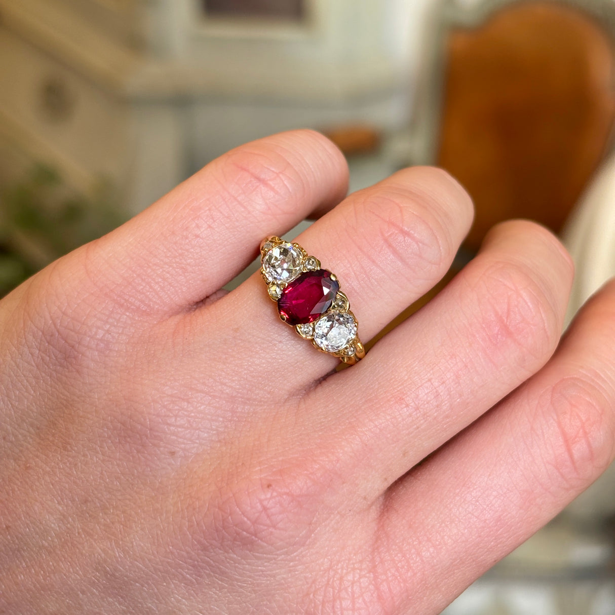 Antique, Victorian natural ruby & diamond three-stone ring
