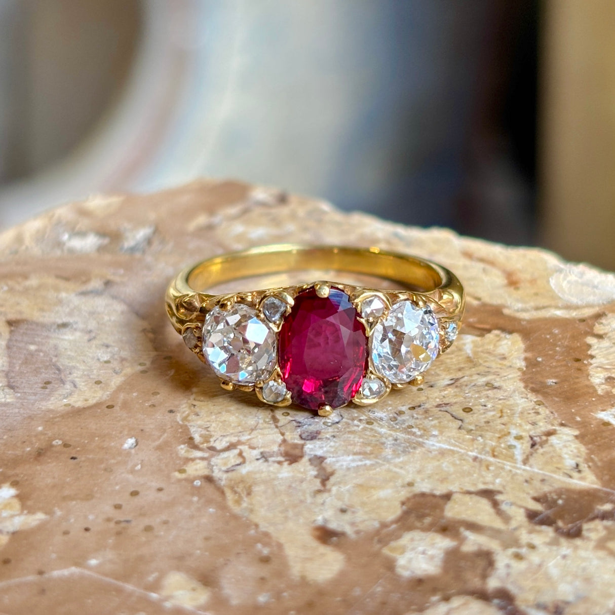 Antique, Victorian natural ruby & diamond three-stone ring