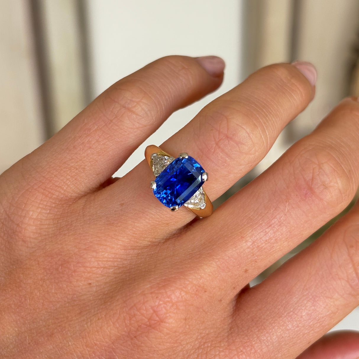 Vintage 6.44ct sapphire & diamond three-stone engagement ring