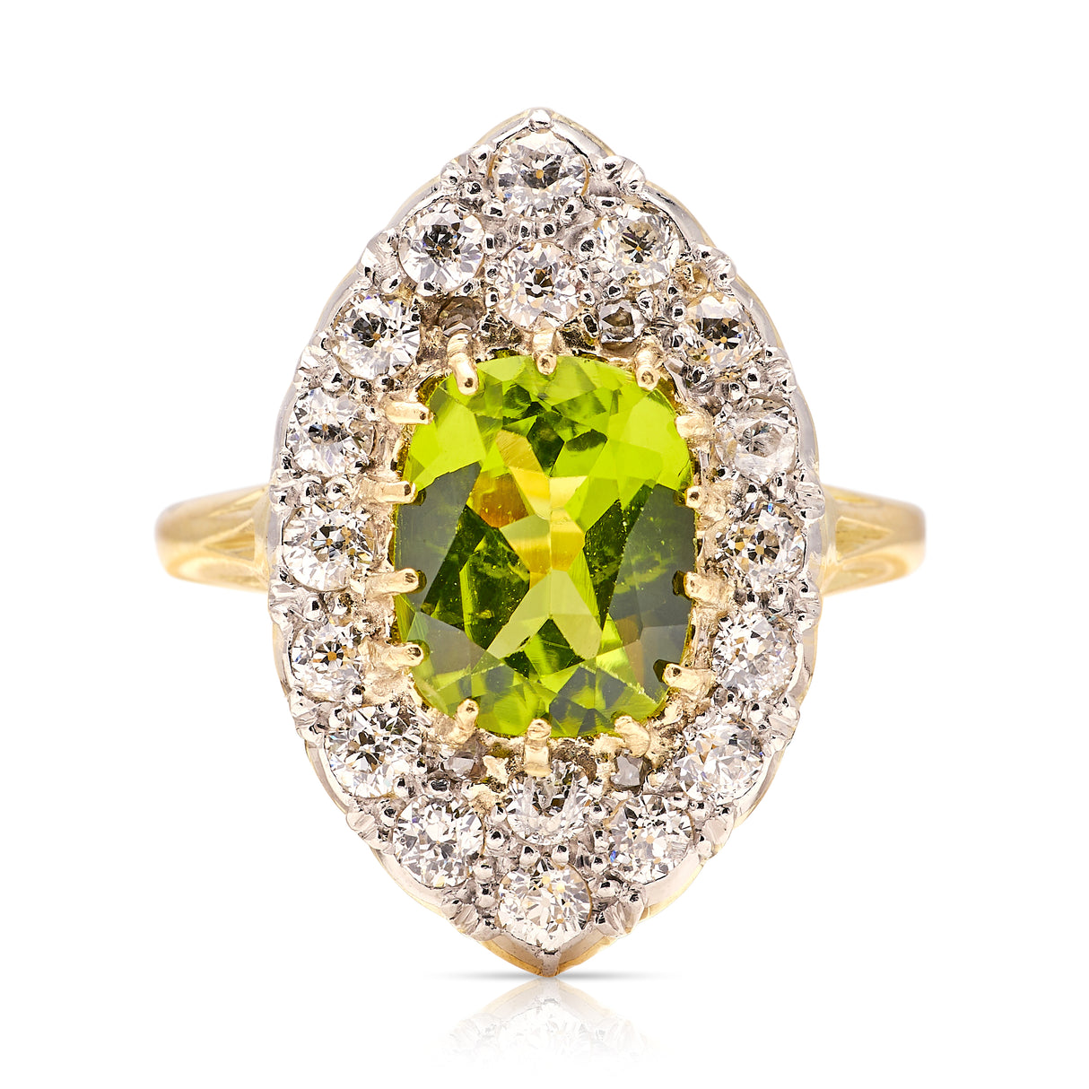 Vintage, impressive peridot & diamond navette ring
