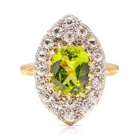Vintage, impressive peridot & diamond navette ring
