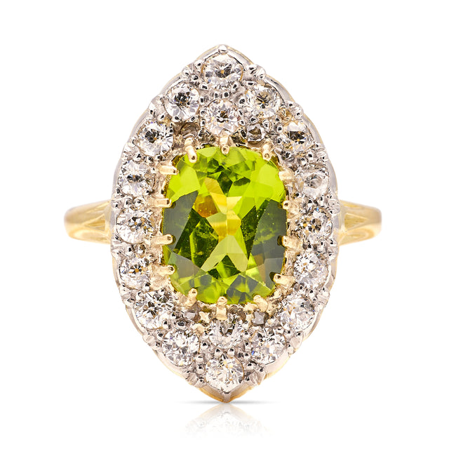 Vintage, impressive peridot & diamond navette ring