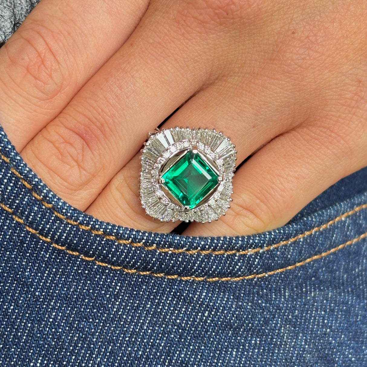 Vintage, 1950s synthetic emerald ballerina cluster cocktail ring