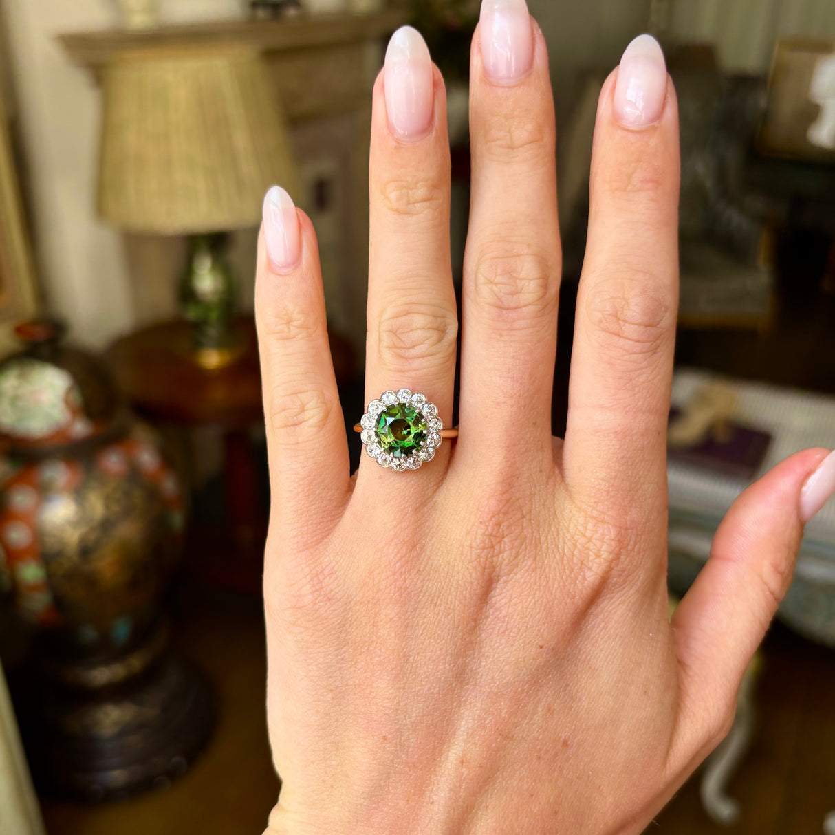 Antique, Edwardian green sapphire & diamond cluster ring