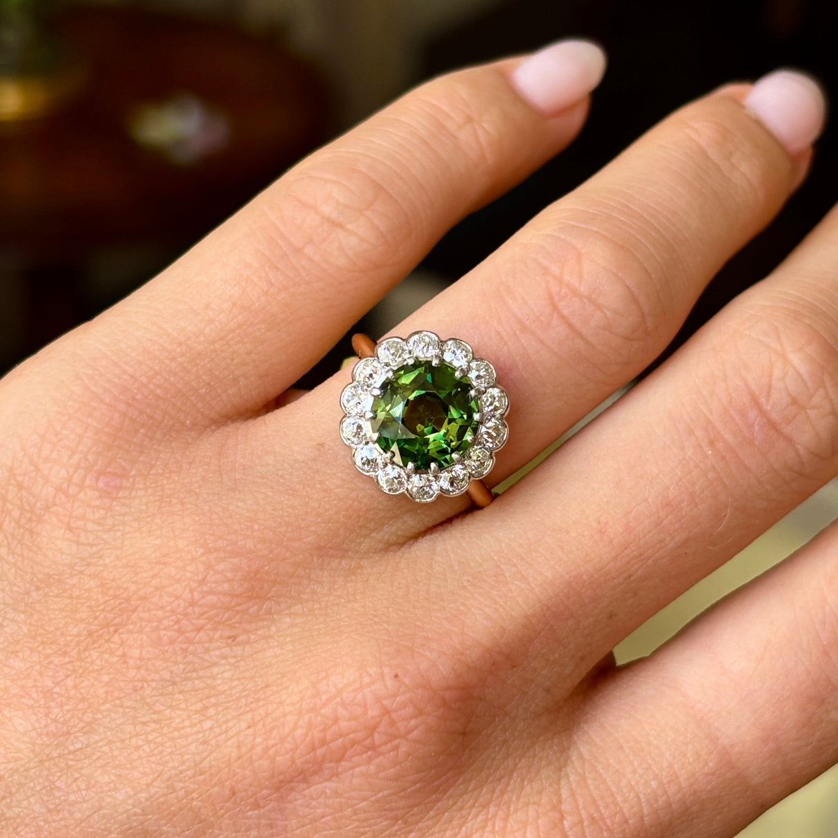 Antique, Edwardian green sapphire & diamond cluster ring