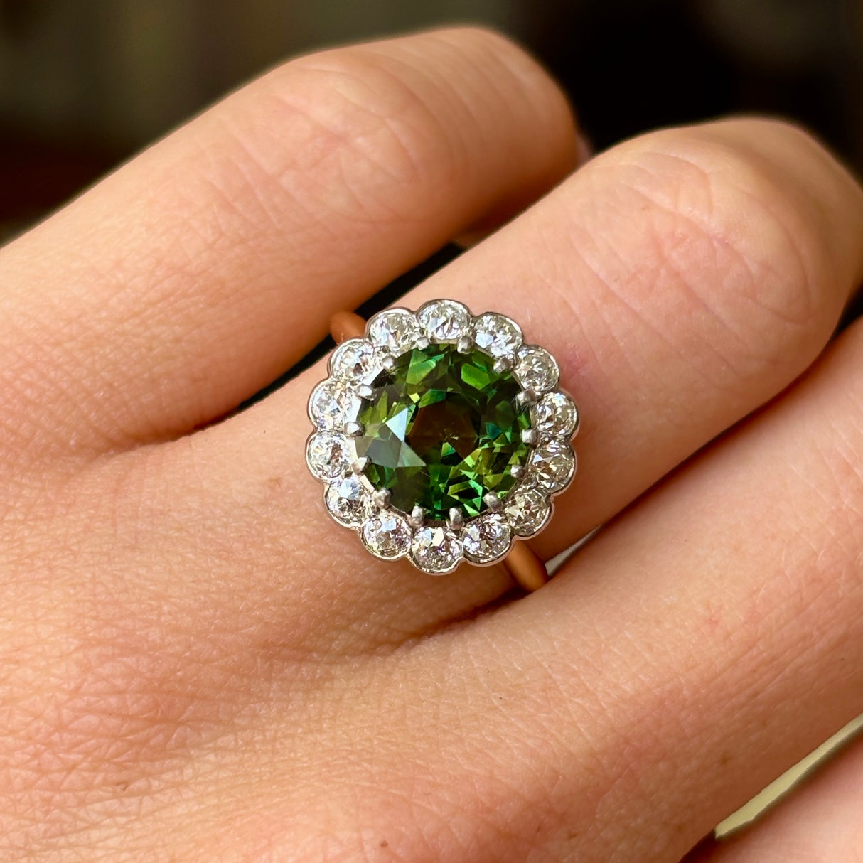 Antique, Edwardian green sapphire & diamond cluster ring