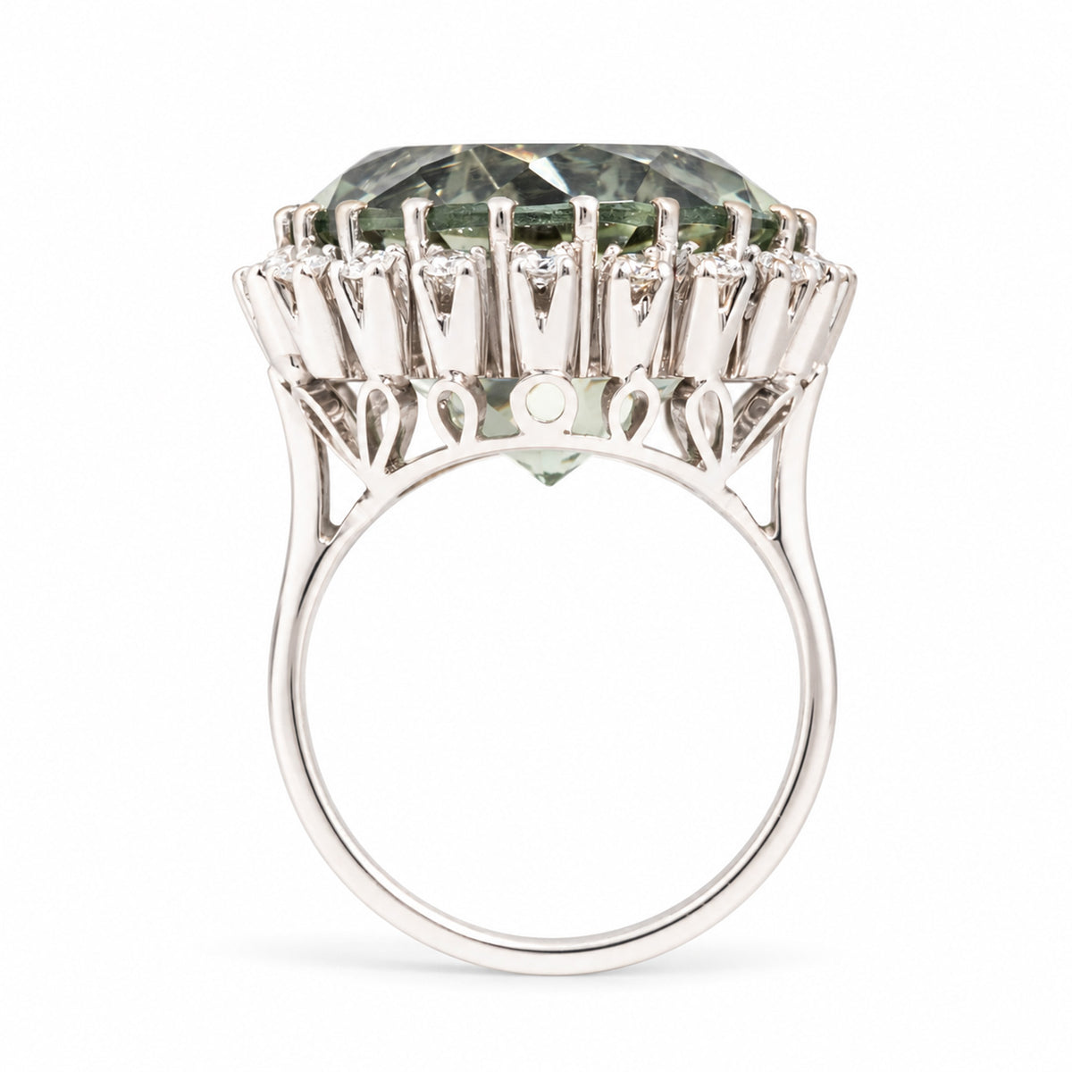 Side profile of the vintage quartz ring, revealing its tall, intricate white gold gallery and elevated diamond halo setting.