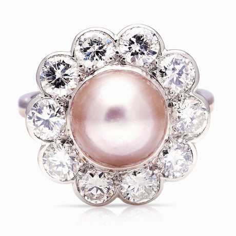 Vintage, Art Deco natural pearl & diamond cluster ring