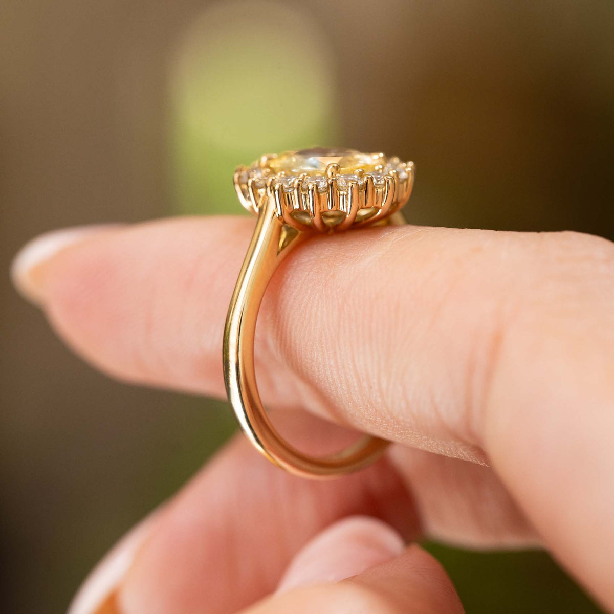Antique-inspired, yellow sapphire and diamond cluster engagement ring