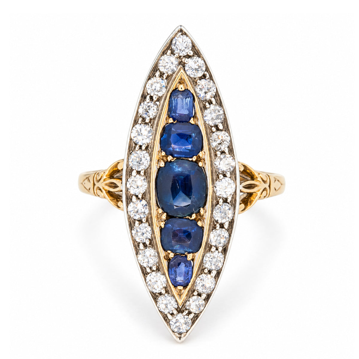 Antique Victorian navette ring set with five blue sapphires in graduated cuts, bordered by diamonds in silver over yellow gold.