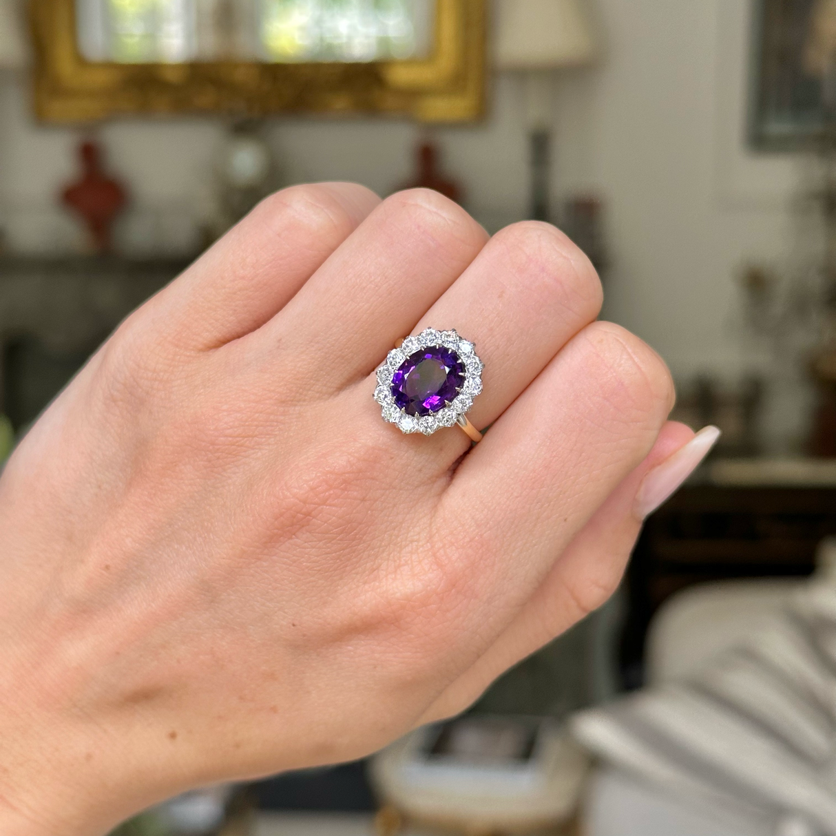 Antique, Edwardian amethyst and diamond cluster ring, 18ct yellow gold