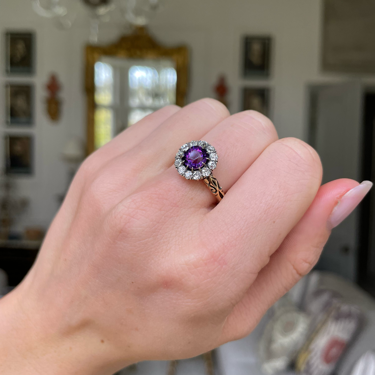 Antique, amethyst and diamond cluster ring, 18ct yellow gold