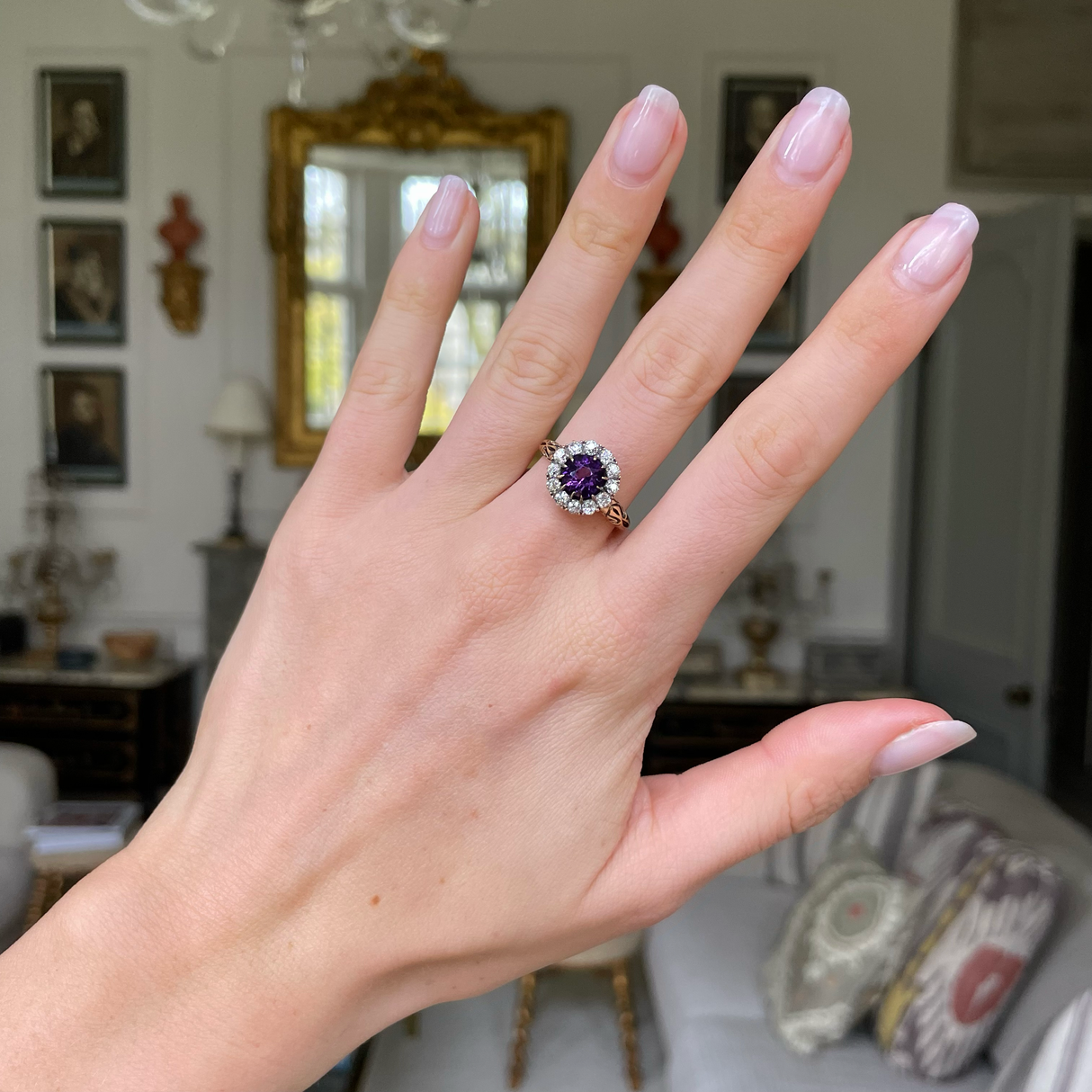 Antique, amethyst and diamond cluster ring, 18ct yellow gold