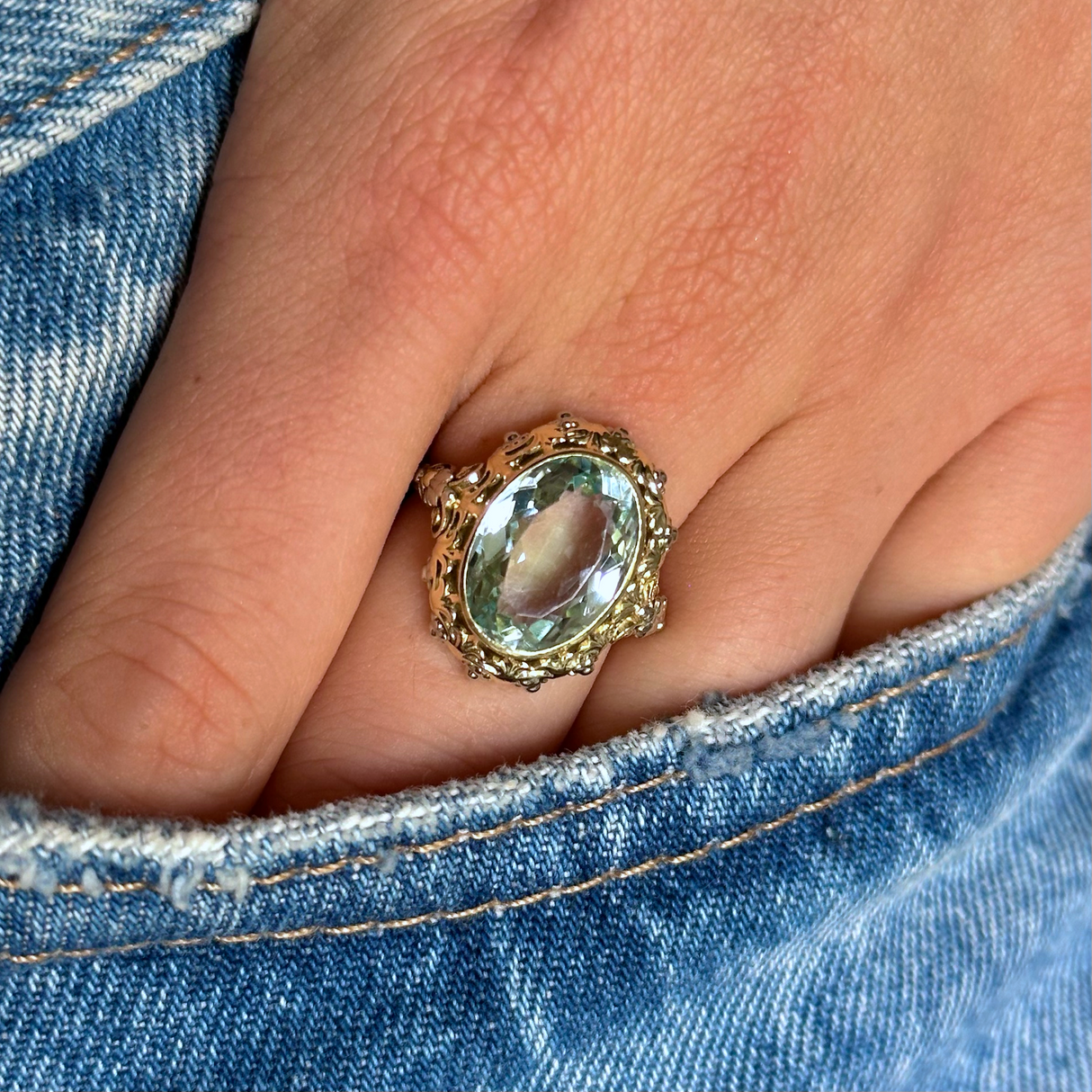 Antique, sea-green aquamarine ring with intricate mount
