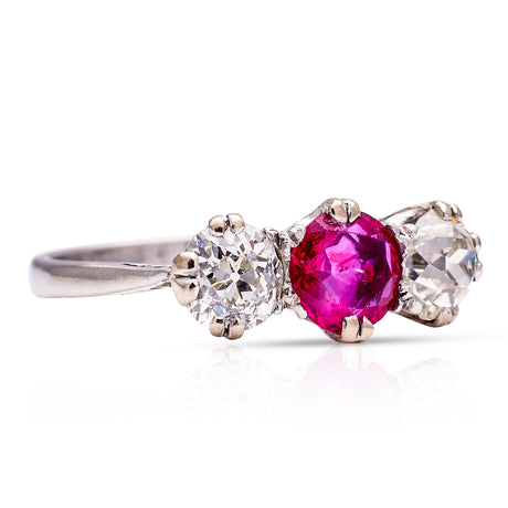 Art Deco, Ruby and Diamond Three Stone Engagement Ring, Platinum