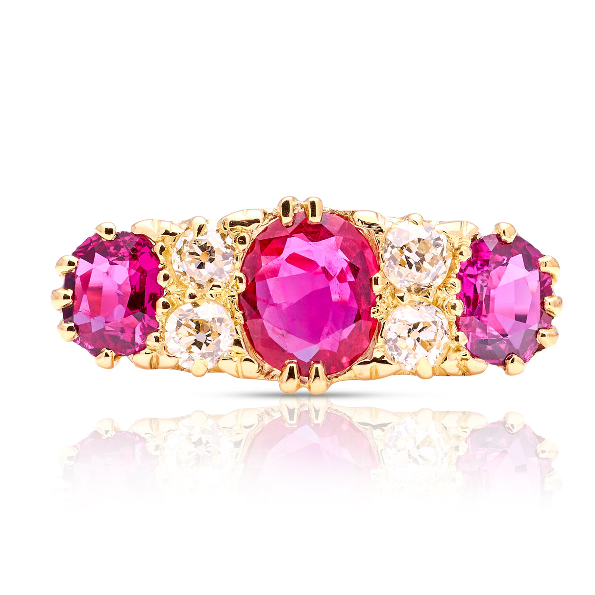 Antique, Victorian ruby & diamond three-stone half-hoop, 18ct yellow gold front