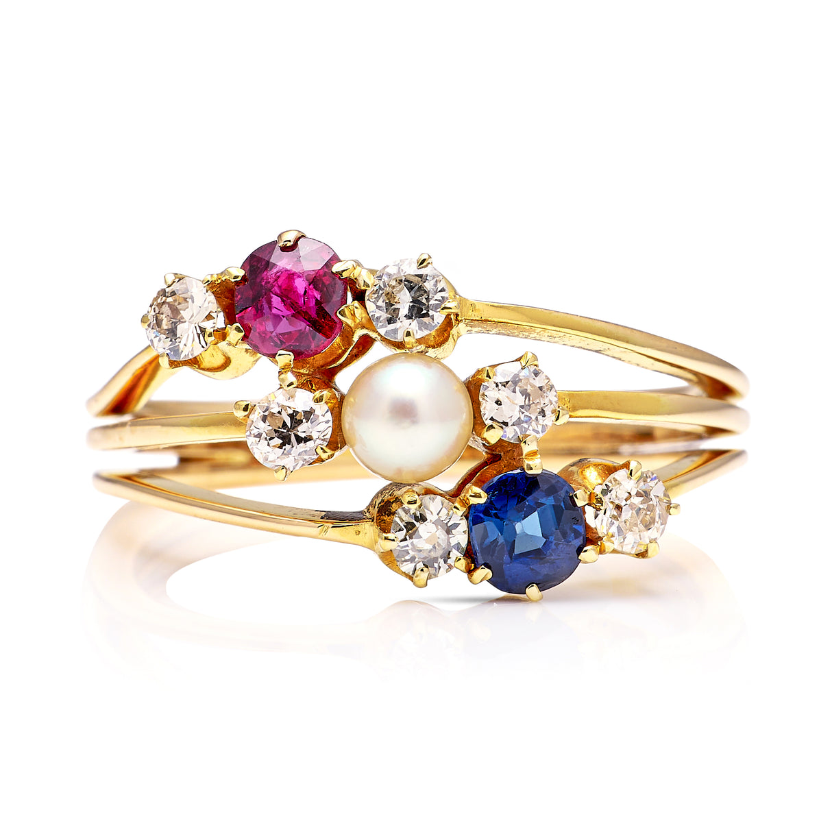 Antique Victorian, sapphire, ruby and pearl ring