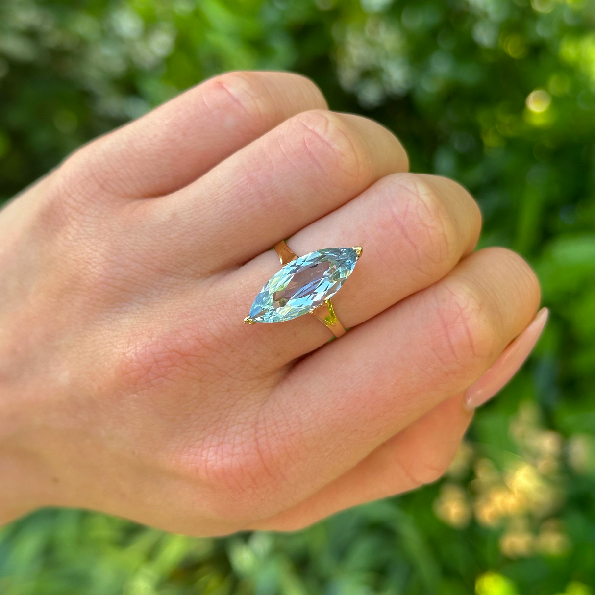 Antique Marquise-cut Aquamarine Ring, 18ct Yellow Gold worn on hand.
