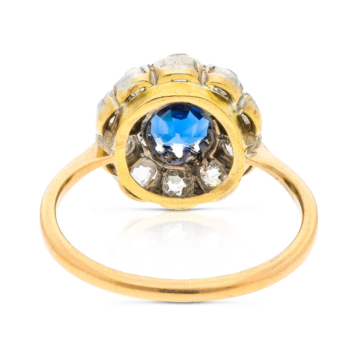 Antique sapphire and diamond daisy cluster ring, 18ct yellow gold, platinum