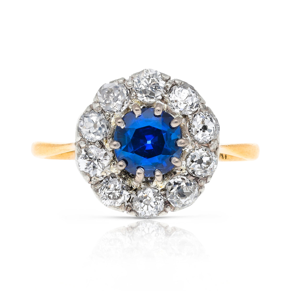 Antique sapphire and diamond daisy cluster ring, 18ct yellow gold, platinum