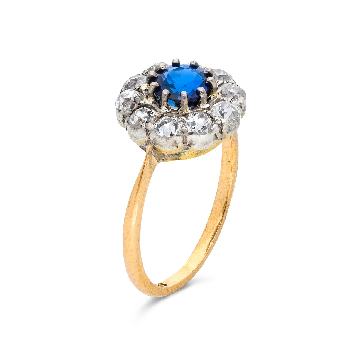 Antique sapphire and diamond daisy cluster ring, 18ct yellow gold, platinum