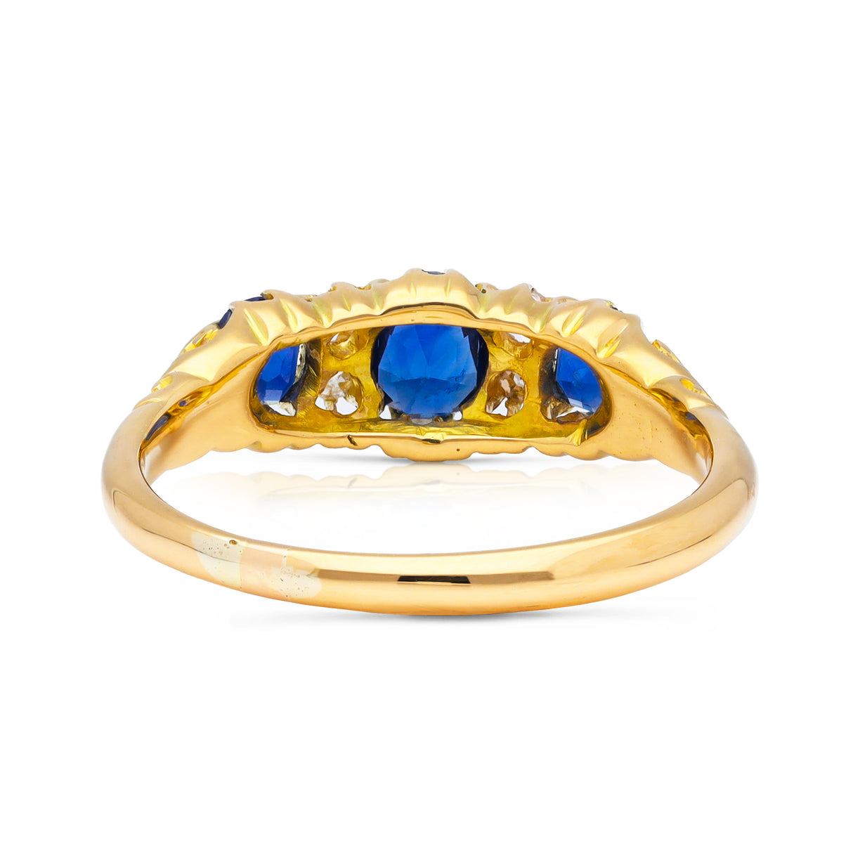 Antique sapphire and diamond half hoop engagement ring, 18ct yellow gold