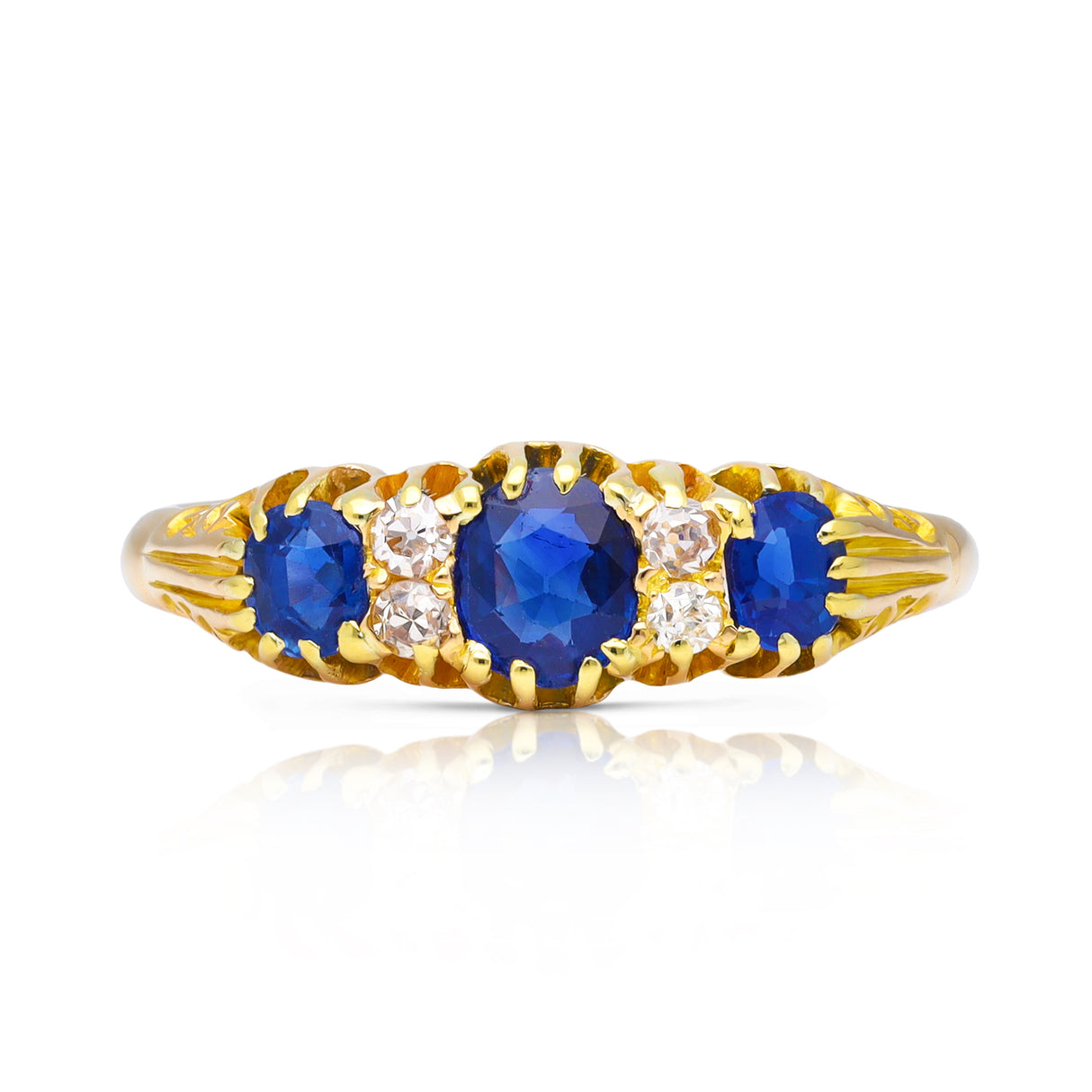 Antique sapphire and diamond half hoop engagement ring, 18ct yellow gold